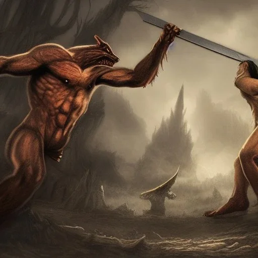 fantasy art, realism, 8k, Demon, werewolf, sword fighting