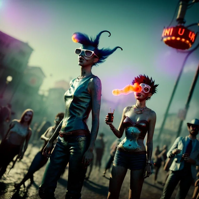 Ultra Realistic photo, medium shot view, drunken women, carnival scene, sexy steampunk. hair monster, Sunglasses, smoking, happy, hot, red fog. highly detailed, concept art, unreal engine 5, ray tracing, RTX, lumen lighting, ultra detail, volumetric lighting, 3d, finely drawn, high definition, high resolution.