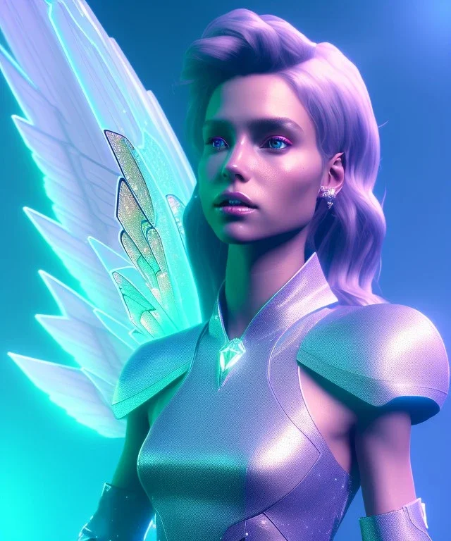 A crystalised queen, atmospheric, realistic, unreal engine, cinematic lighting, octane render. blue, pink, transparency, light, shine,bright, full body, transparent wings, blonde, long hair, nice smile