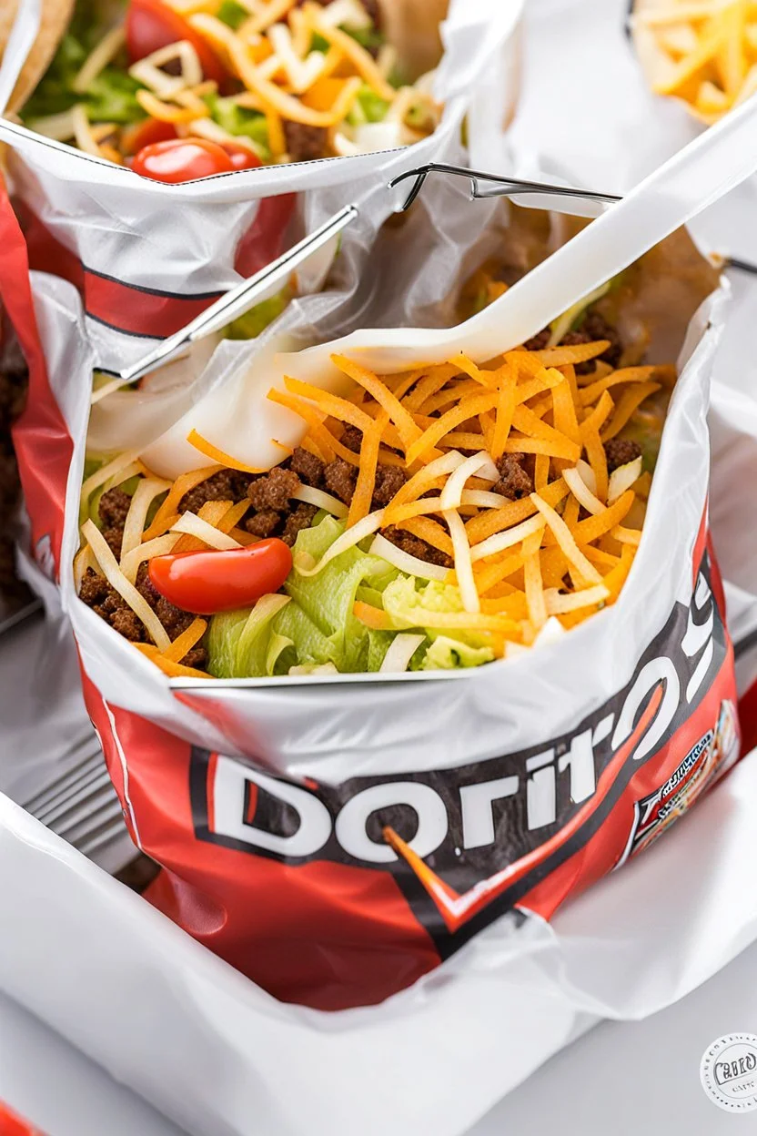 "Taco in a Bag" which consists of an open Doritos chip bag with sides rolled down, containing Doritos chips and cooked ground beef and lettuce and shredded cheese and chopped tomato pepper and onions and topped with more nacho chips, plastic fork, food blogger photography