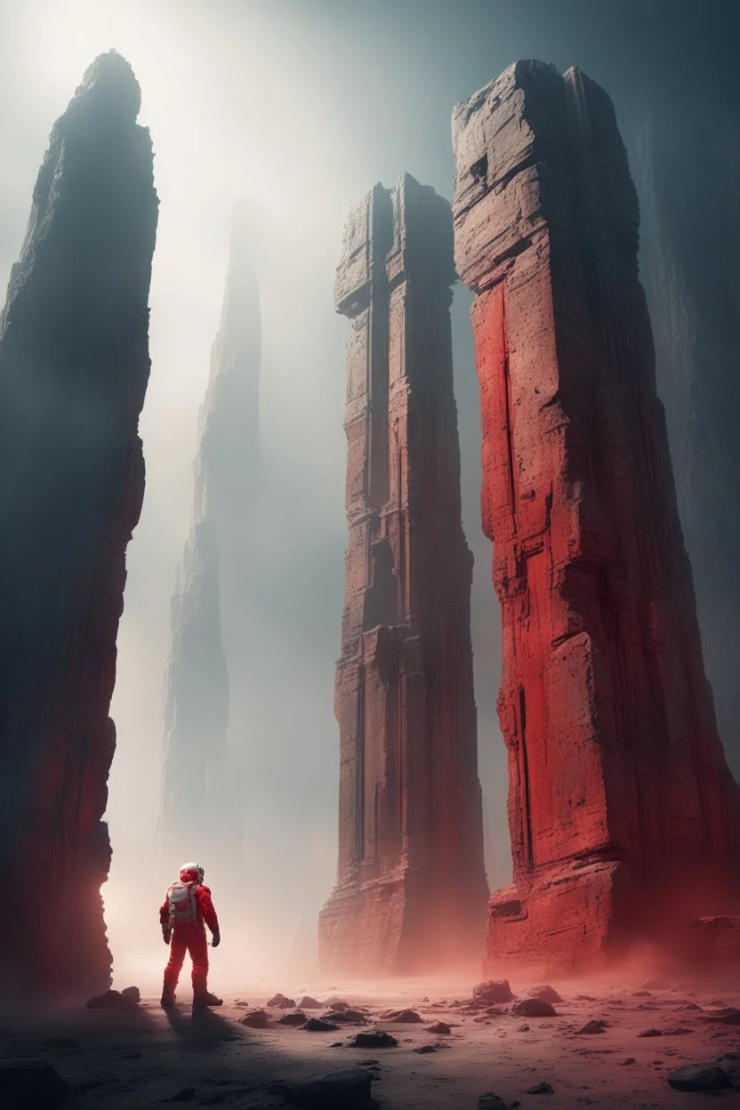 Mysterious huge ancient Rocky pillar with scifi gate attached with a astronaut (red suit) standing near the gate, destroyed, foggy condition wide-angle, cinematic lighting, perfect golden ratio composition detailed ground environment, haze, ultra-detailed, film photography, light leaks, Larry Bud Melman, trending on artstation, sharp focus, studio photo, intricate details, highly detailed, by greg rutkowski