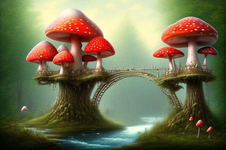 fly amanita houses with windows in old forest hanging bridge