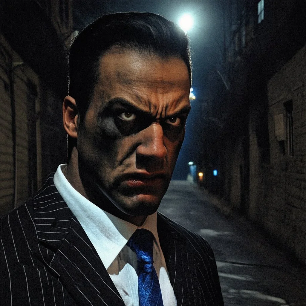 very grainy discolored 2000s photo, closeup portrait, dark night alley with no lights, grunge, extremely gaunt male with chalk-white skin wearing a striped suit with a blue tie, angry, imposing, fiery look in the eyes, bruja, biker