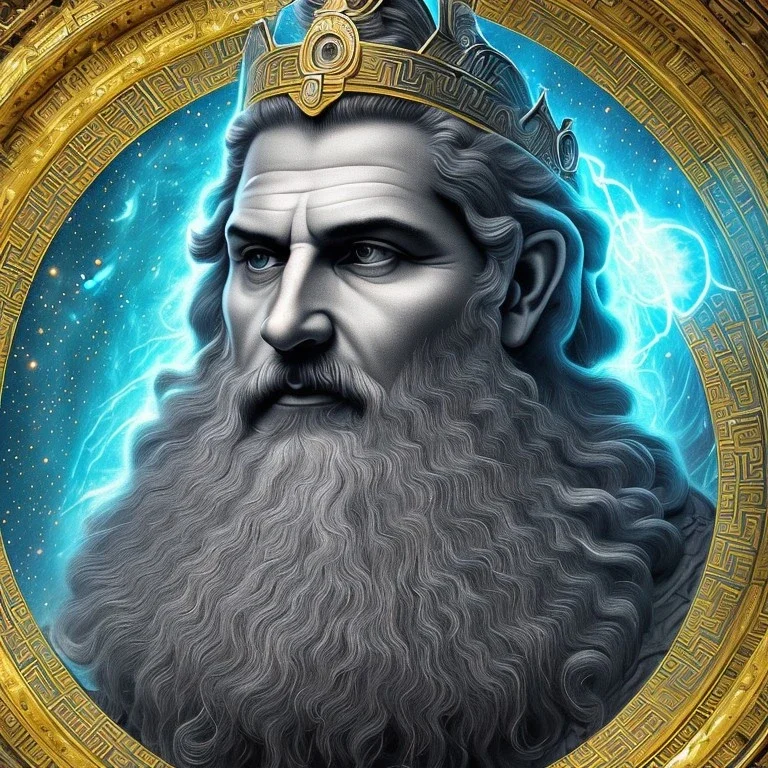 photo realistic, symetrical, centered, ultra detailed, digital art, in center is a portrait of highly detailed greek colossus god zeus surrounded by galaxy codes seeking knowledge, gray beard, crown filled with crystals, detailed face with human skin color, eyes filled with galaxy, dominating colors = gray light blue and dark gold, lightning, smoke,