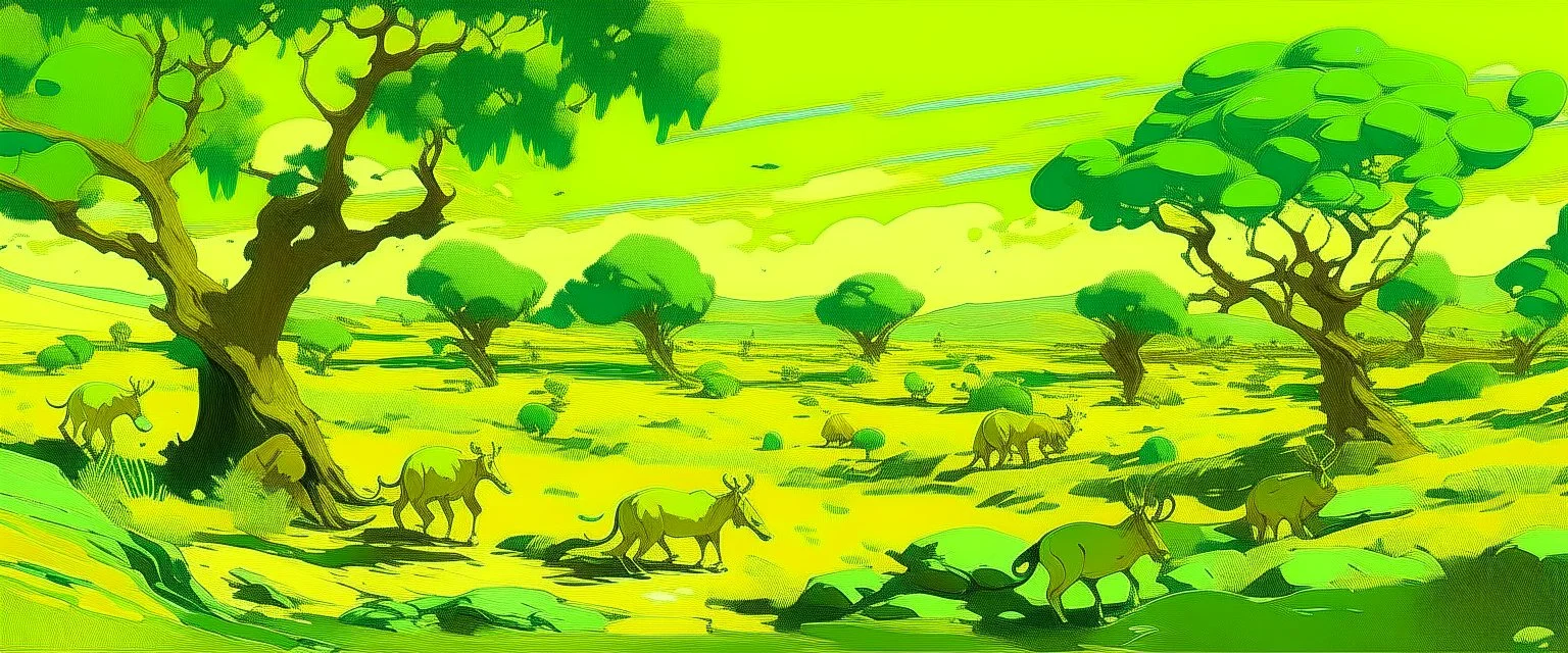 A lime colored savanna filled with animals painted by Vincent van Gogh