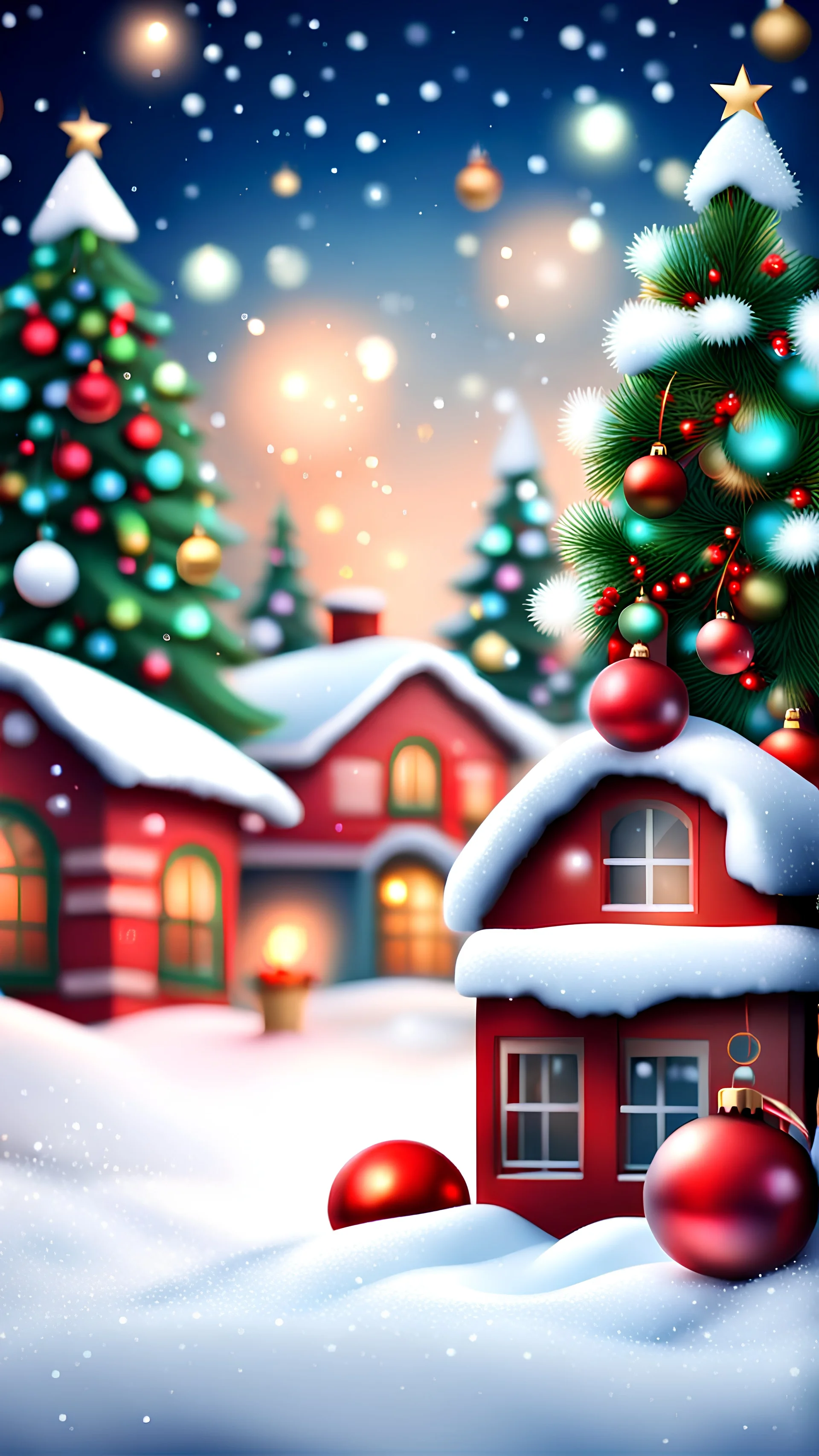 Christmas background for mobile, realistic, 4K, snow, villige with decoration,