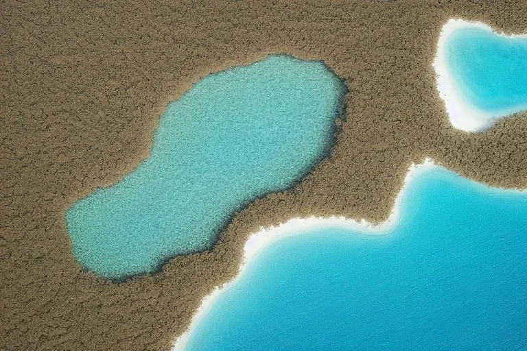 Aerial view of desert island in blue glossy sea, no trees, no plants, no green