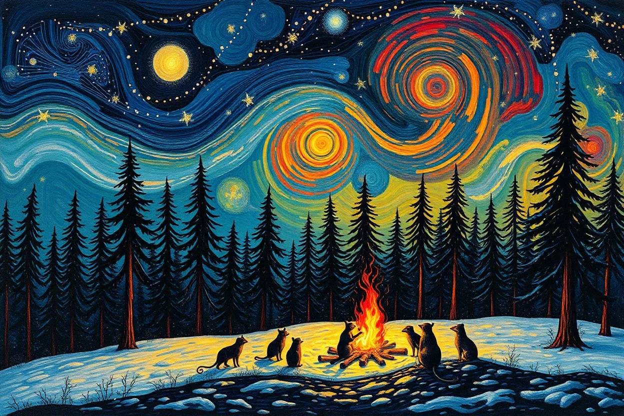 Winter solstice celebration under a starry sky, bonfire, night Creatures watch from the edge of the forest colourful Zdzisław Beksiński Picasso naive art Henri Matisse Alex Grey SALVADOR DALI Andy Warhol Paul Gauguin Claude Monet Gustav Klimt Ernst Ludwig Kirchner Tim Burton graffiti zentangle Marc Chagall Jackson Pollock Francis Bacon Egon Schiele Georges Seurat M.C. Escher Joan Miró Louis Wain Victo Ngai Enki Bilal Camille Pissarro art brut Odilon Redon Remedios Varo primitivism Jean-Michel