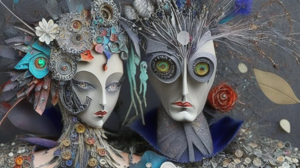 Insanely detailed, surreal couple made of quilling with found scraps of mixed media including metal, mirrors, feathers, foliage, flowers, leather, buttons, jewels, twigs, plastics, glitter, shells, fabrics, twine, and thread.