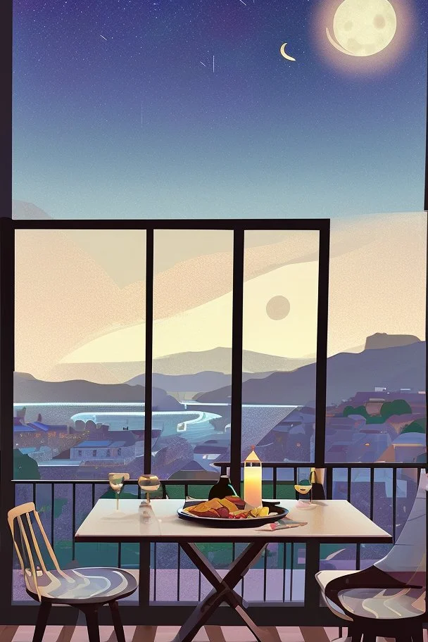 It's a starry night, with a luminous crescent moon, and from the balcony of an elegant luxury apartment, a view of a city with a hill and a river, lights in the windows of the houses. On the balcony, a dining table with a tray with a bird pattern, pizza and wine in starlight