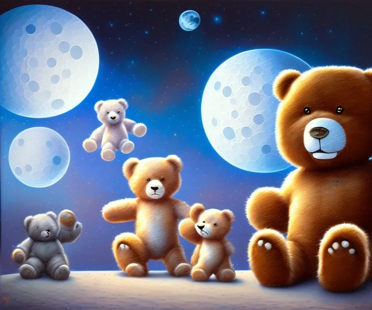 little boy and big teddy bears on moon. oil on canvas