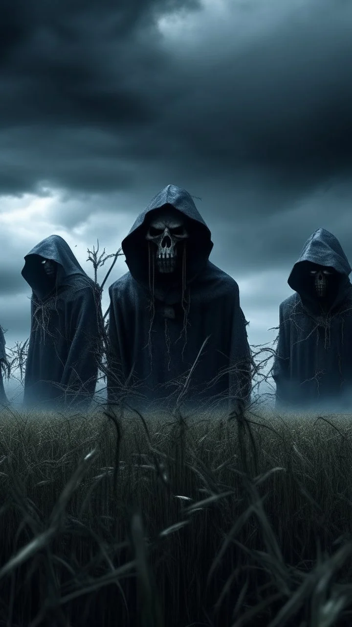 A group of scary large black hooded evils figures with glowing white eyes looking at you in the background and out of this world galaxy in a blue and gray cloud of stormy weather a many sticks fixed ultra hi quality picture with cinematic science, tragedy, a small black birds far in hovering in the horizon in the big field of grass near front view of the skull