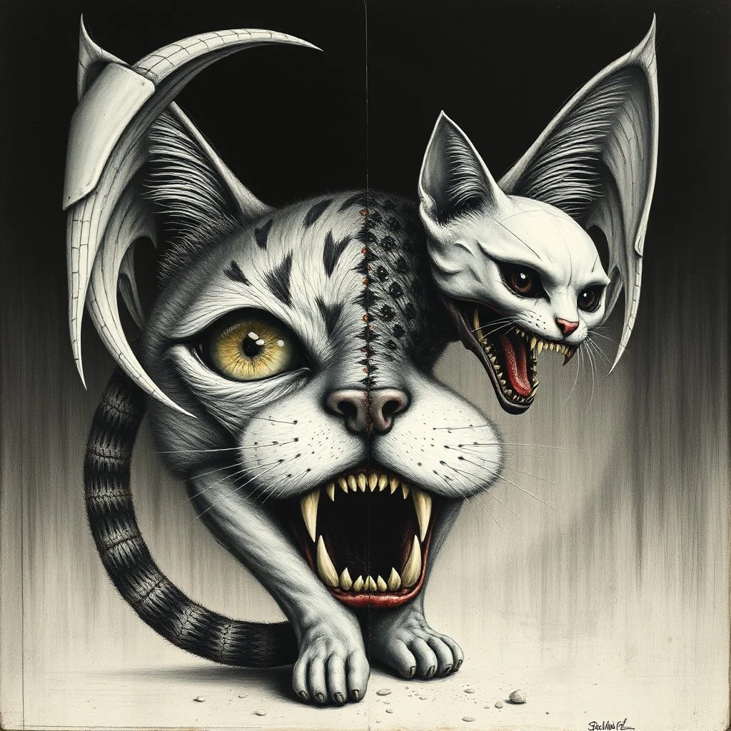 embalming horror tragedy of the commons, by Rufino Tamayo and H.R. Giger, by Stephen Gammell, unbalanced, offset, non-symmetrical surreal horror, genetic abrogation, "Slayer" album cover, Kitty Kitty like a dead doll - like a dead toy, meow meow meow