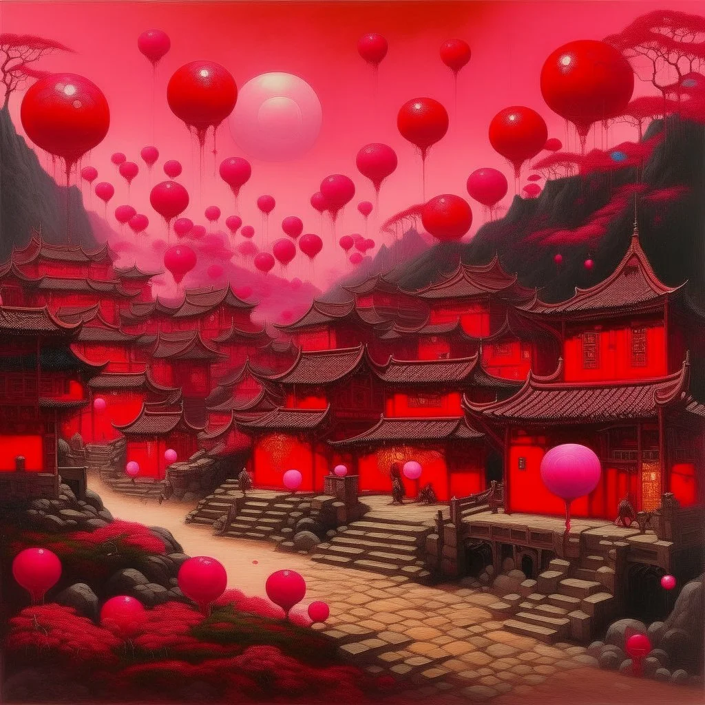 A dark reddish magenta oriental village with fiery orbs painted by Qiu Ying