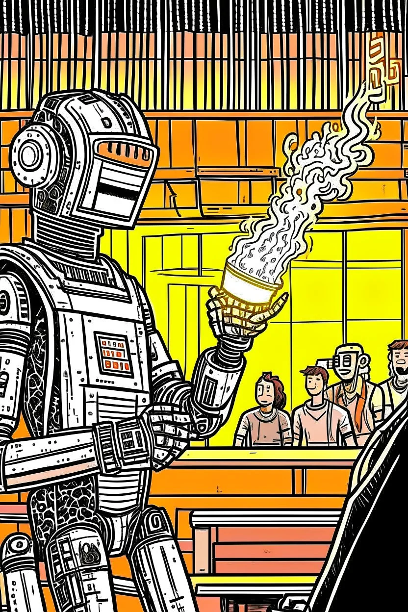 A robot hard rock fan hosts a radio show in a burning club gets yelled at by a human.