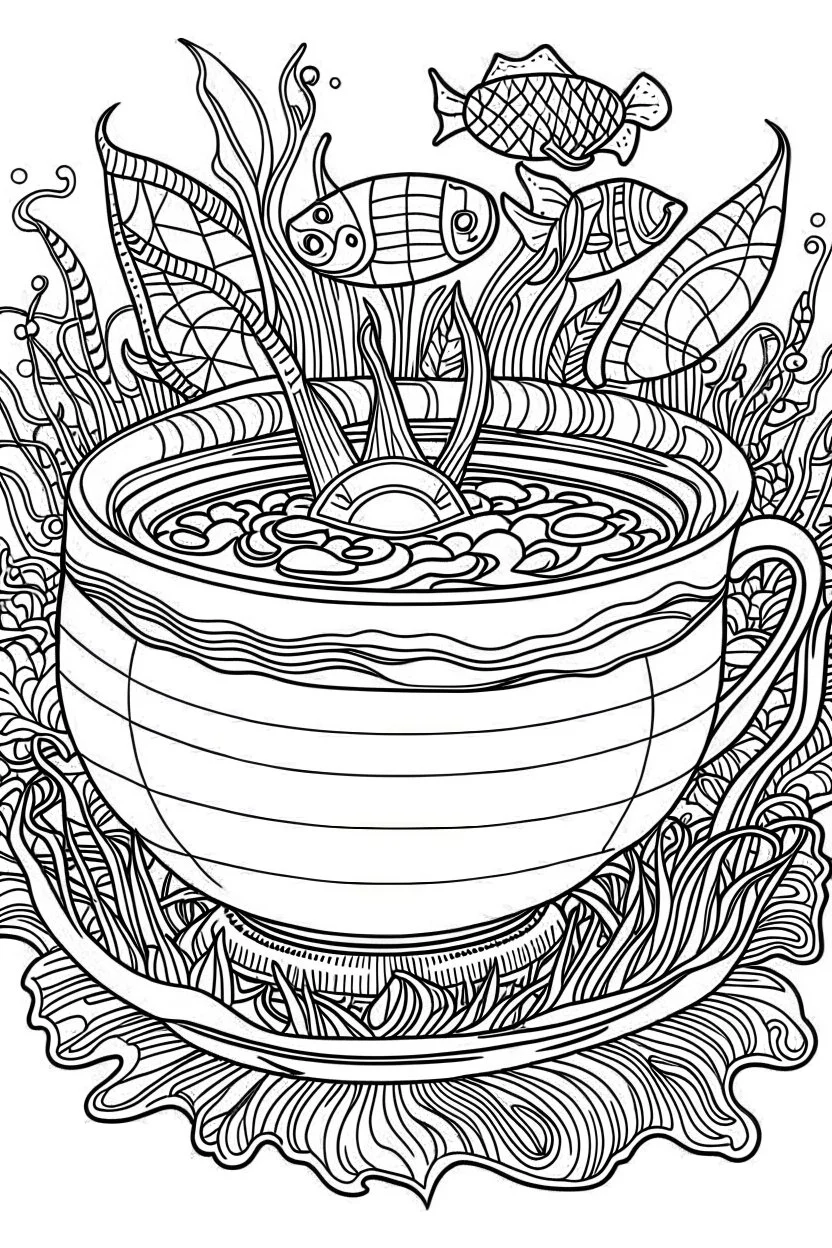 Outline art for coloring page, TEACUP SET UNDER THE SEA, coloring page, white background, Sketch style, only use outline, clean line art, white background, no shadows, no shading, no color, clear