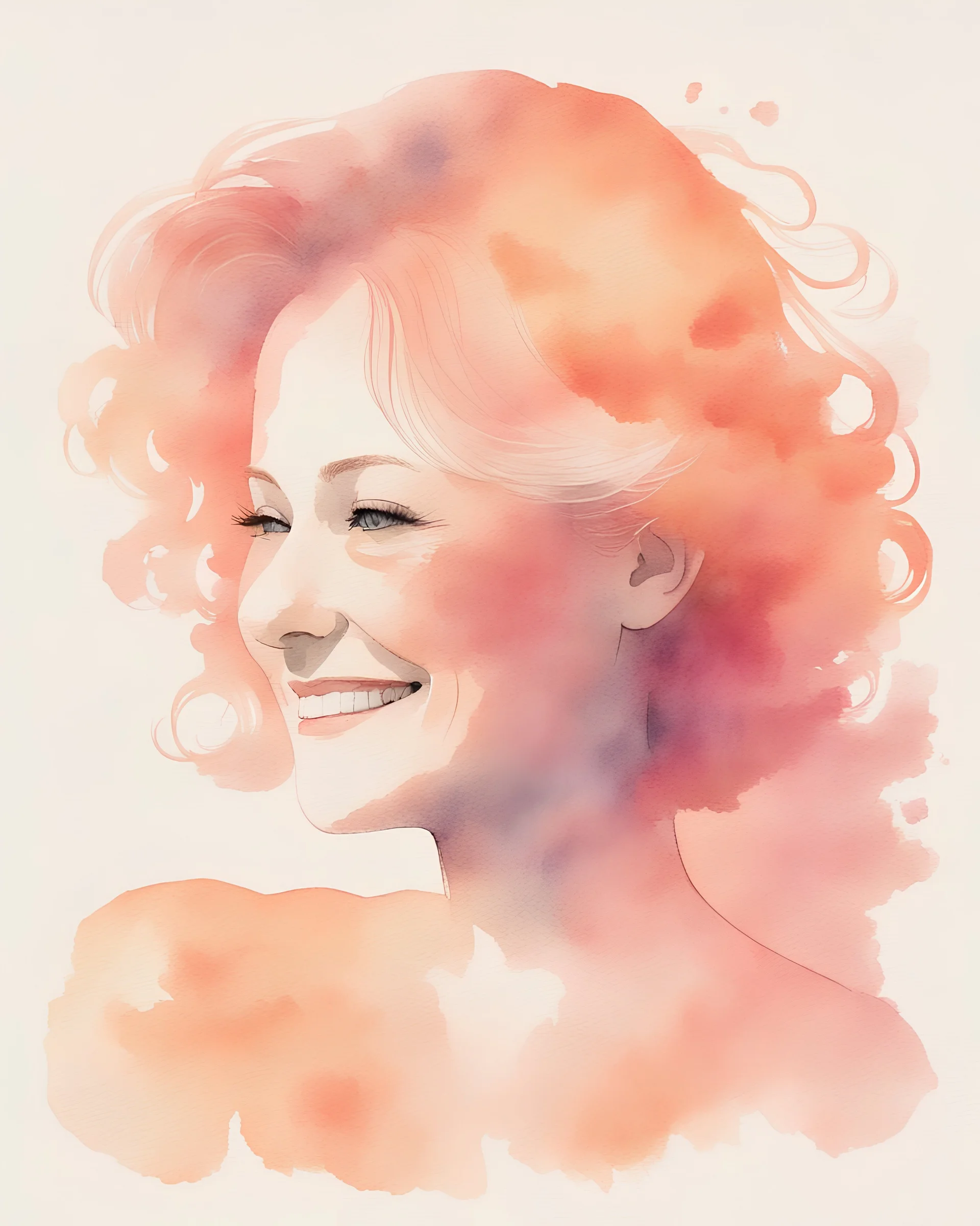 middle age woman smiling silhouette and hair watercolor draw peach pastel colors