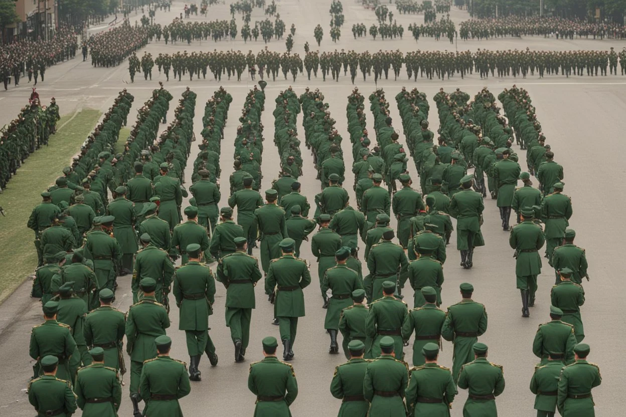 soldiers marching in formation; facing away from camera; military parade; tight formation; shoulder to shoulder; marching along a street; green uniforms; medals and insignia; weapons in hands; long distance perspective; birds eye view; large parade;