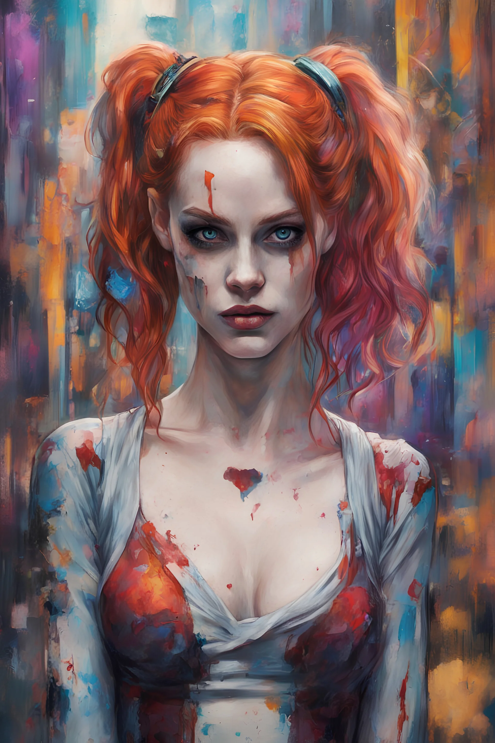 Harley Ginger hair Alexandra "Sasha" Aleksejevna Suicide Squad Harley Quinnpsychology erect oil paiting In depth psychology display Gustav Klimt style, dream, symptom, image in the background in the city artgerm display Gustav Klimt style artgerm display in the New York City.