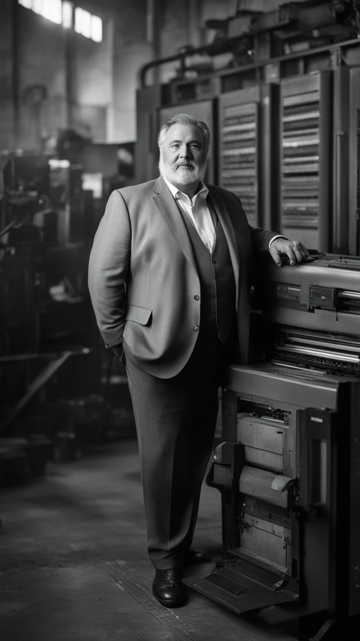 italian strong chubby 55 year old man in smart gray suit, unbuttoned shirt, short beard, shirtless, printer in an old printing house, next to a huge old printer, dim light, side light, ambient occlusion