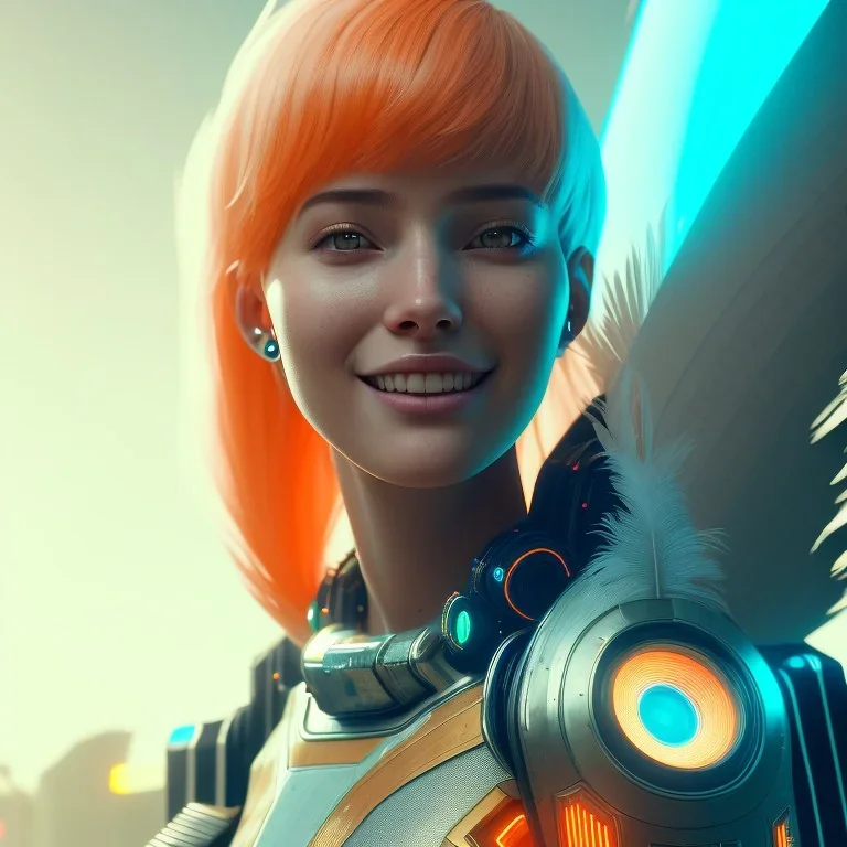 A beautiful portrait of a cute cyberpunk woman smiling facing camera orange color scheme, high key lighting, volumetric light high details with white stripes and feathers unreal 5, octane render, cinema4d, dynamic lighting, dramatic lighting, 4k, redshift render, highly detailed, hyper realistic