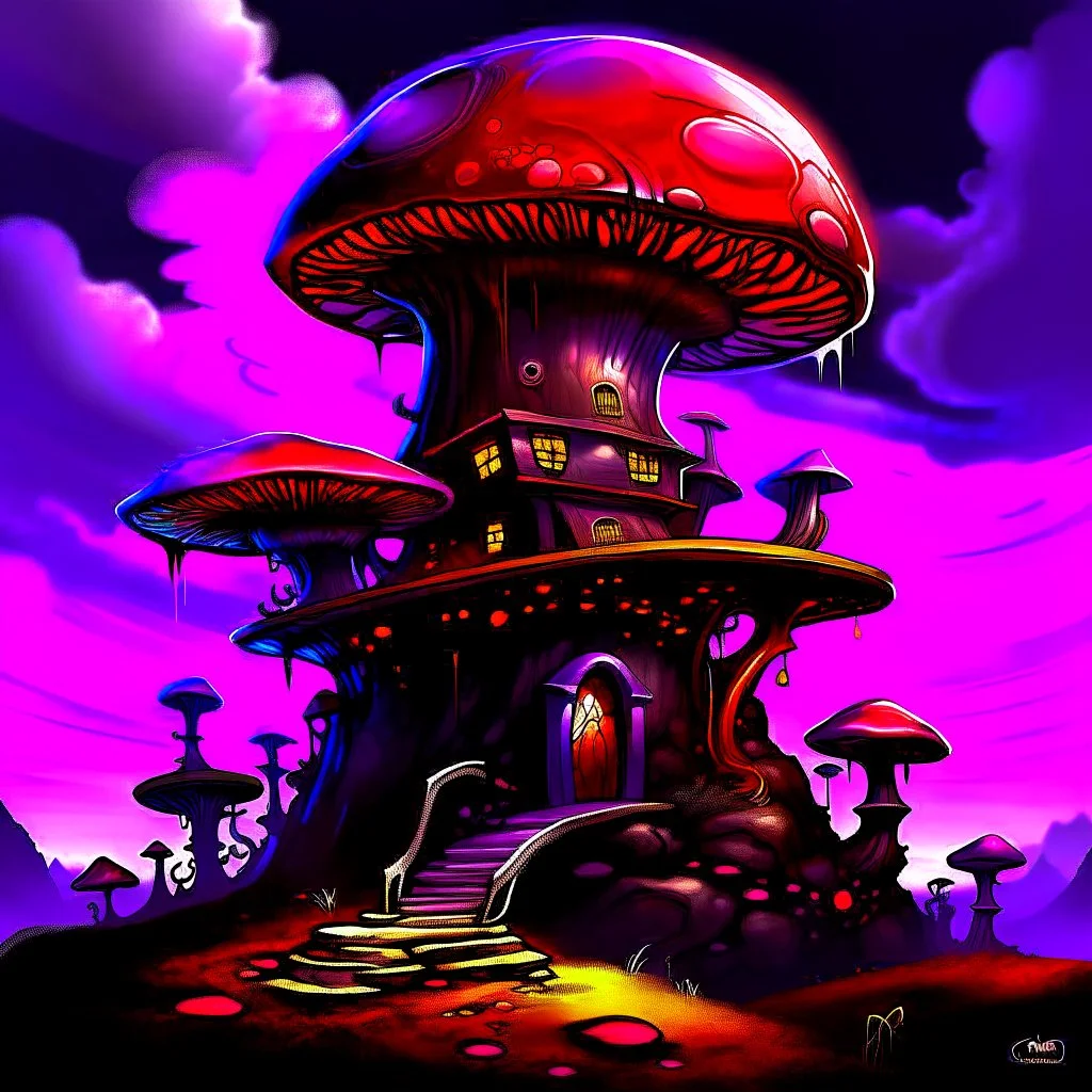 A fantabulous black, purple and red (((mushroom tower house))) erected atop a (geologic pillar), surrounded by the uncanny imaginative ((( swirling skies))), offset by the stark hues of a (neon-tinged nebulous space scape), within. captured by the hand a skilled master painter with a focus on (softly blurred compositions and voluminous lighting).