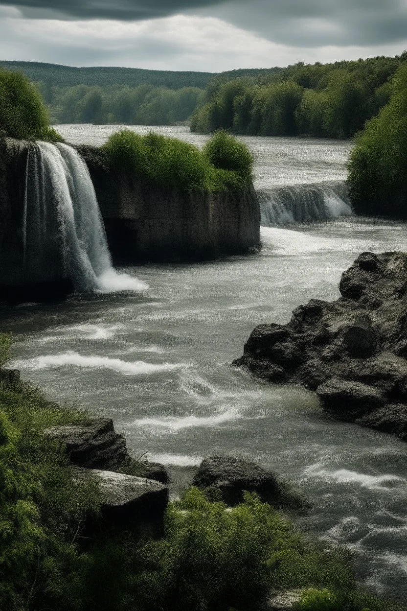 the bank of a torrent of river and waterfall from far away gothic theme