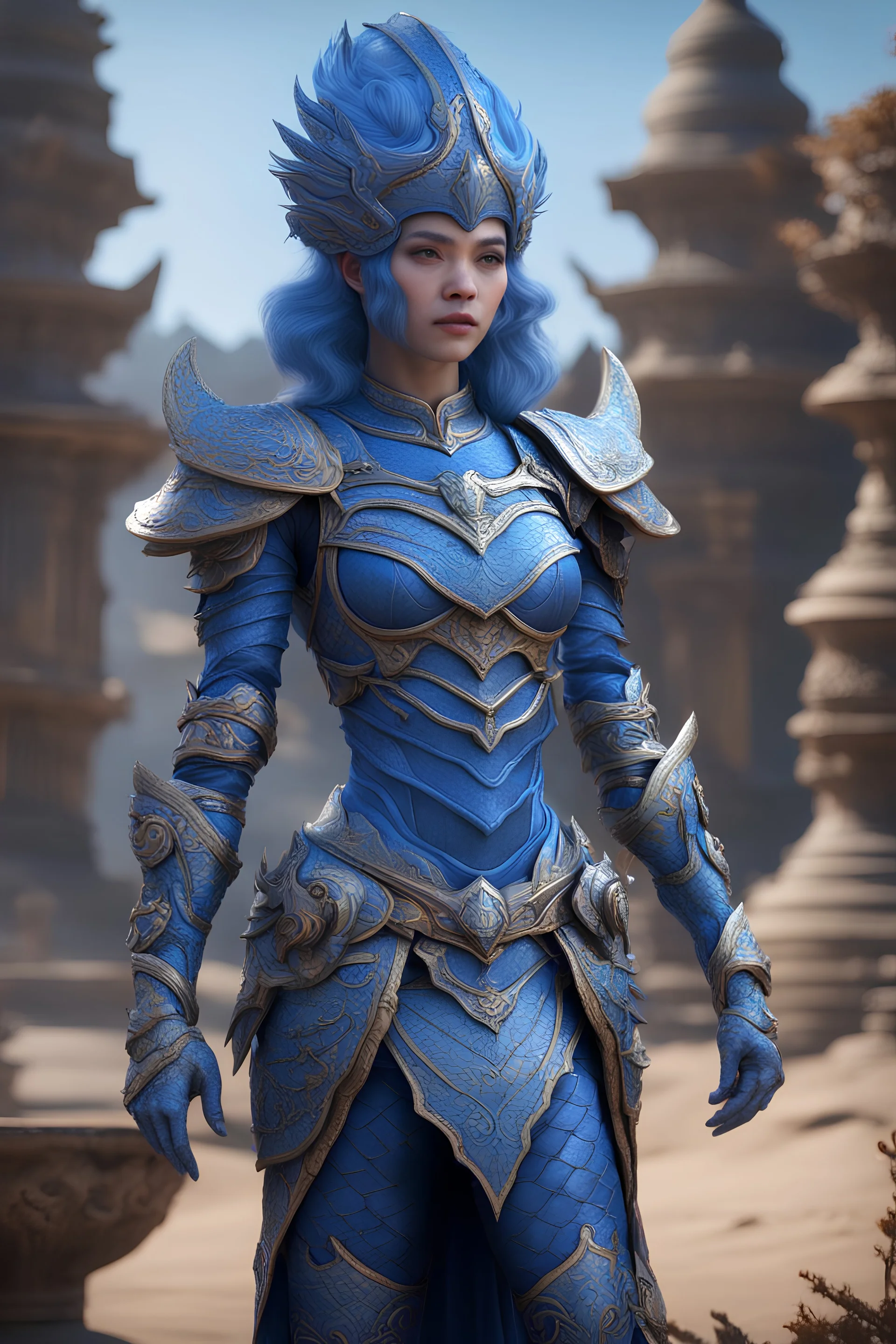 Photoreal bunga citra lestari blue triton ranger woman with blue scaled blue skin in ornate armor, 8k, high detail, smooth render, unreal engine 5, cinema 4d, HDR, dust effect, vivid colors