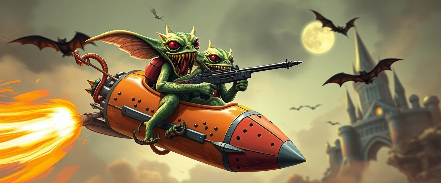 hairy macho gremlin octopus lizard aliens living in a hi tech marvellous hot dog graphitti rocket with a mounted sling shot, heading for venus stone castle, background motion blur and smoke swirls, and cheeky bats
