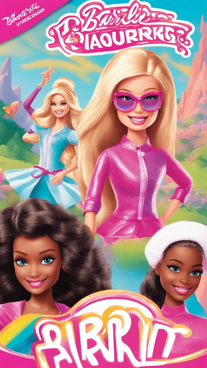 Create a vibrant image cover for a Barbie fun book featuring Barbie and her friends engaged in exciting adventures! Picture Barbie leading her friends on a colorful journey through fantastical landscapes filled with magic, friendship, and endless fun. Include iconic Barbie elements like glamorous outfits, sparkles, and smiles.