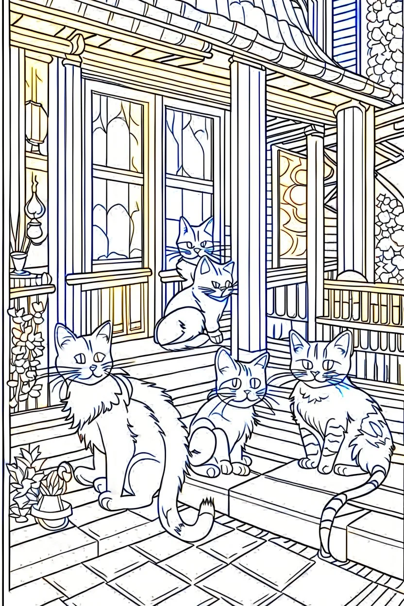 kids coloring page, Cats on the porch, cartoon style, thick lines, low detail, no shading