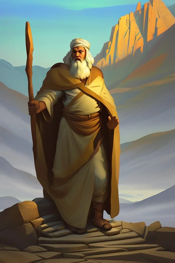 Moses stands on a mountain and holds a crooked wooden staff, at his feet are stone tablets on which the ten commandments of God are written, and below is a valley with the cities of Palestine of sands, tents and mountains. There is a silhouette of God in the sky. Everything is painted in oil painting with high-quality drawing of details