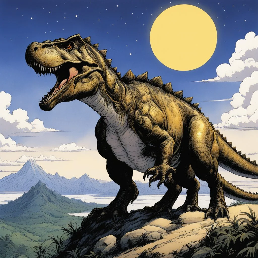 (in the style of Orion, by Masamune Shirow) a t-rex on the top of his hill