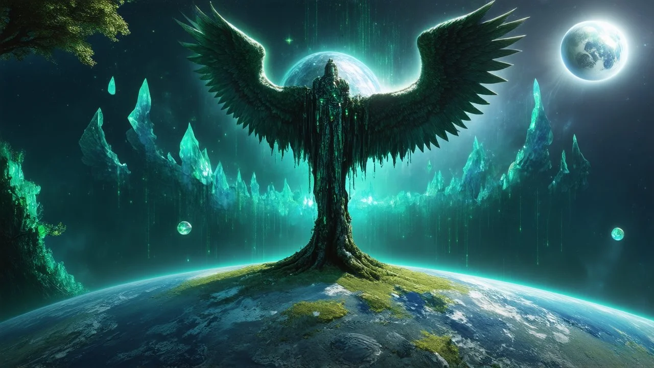 matrix universe, space, planets, god creation, angels from other dimensions with beautiful wings, trees on the planet, behind green crystals of light, few tiberium monolith deposits on the planet near tree,