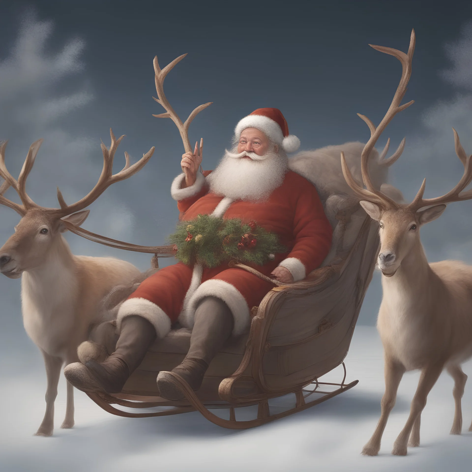 A fat, jolly, old man with a long beard and mustache, sitting in a Reindeer drawn sleigh getting ready to make his Christmas Flight, a giant bag of Presents sitting in the back of the sleigh.