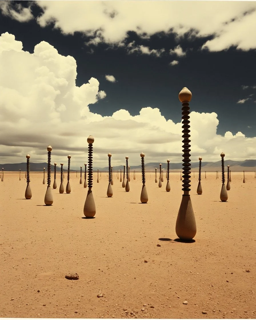 Strange spindle-shaped objects of various shapes, scattered over an arid wasteland, clouds, night, Max Ernst, Audubon, Amano, Walton Ford, Yves Tanguy, polaroid, 8k, 3d, 33mm photography, well defined