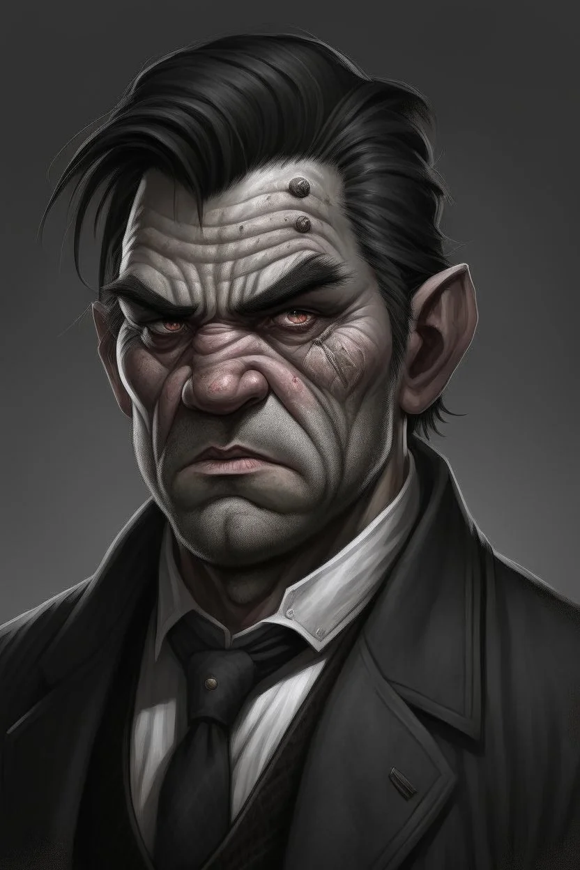 Portrait of a half-ogre well dressed, scars on his face, grey skin,
