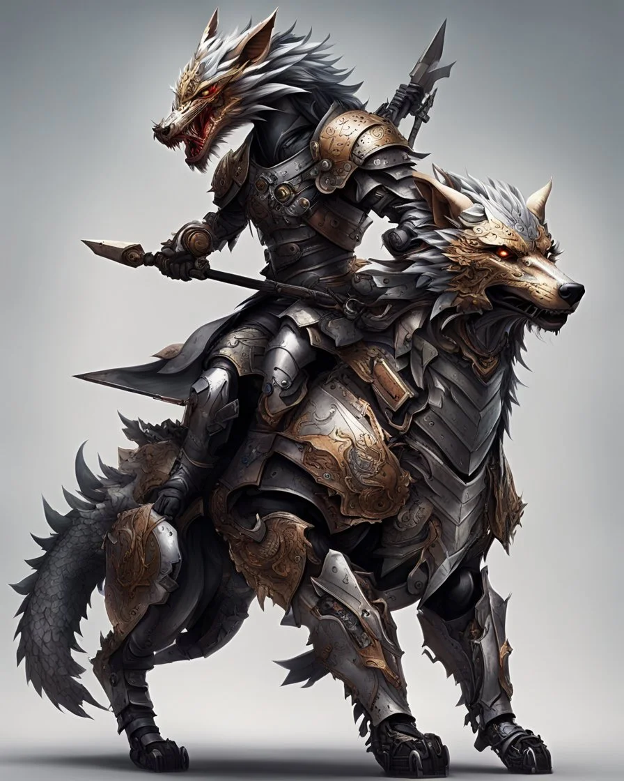 A combination of a dragon and a wolf and a commander riding on it Warrior warrior with leather and metal clothes and robotic metal