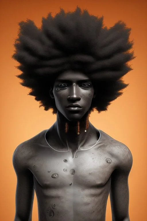 3D render of a cyberpunk tribal young black man, black afro hair, ragged shirt, on a orange dune background, digital art