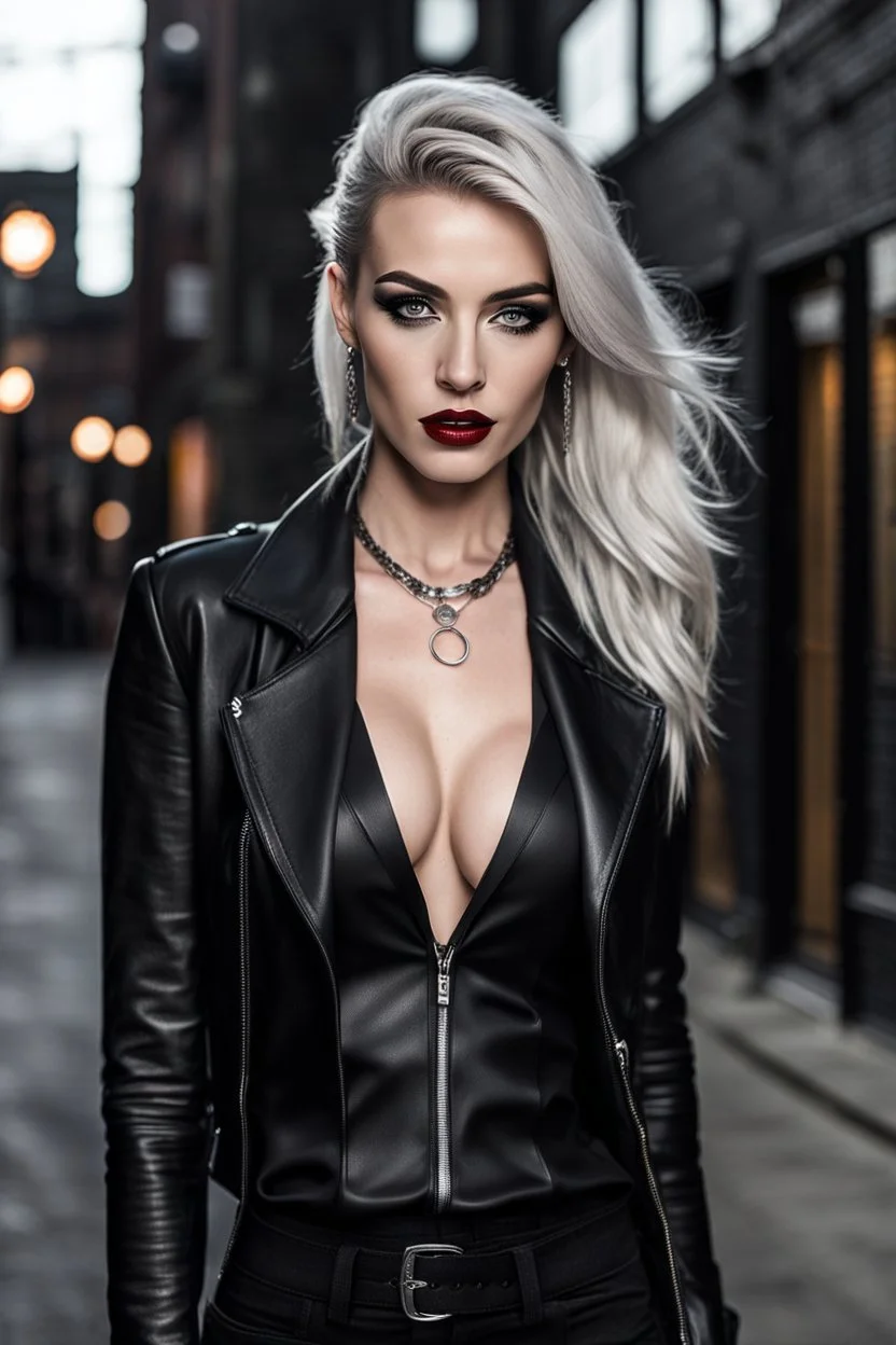 39 year old pale skin Tattooed tomboy looks like model Paige Spiranac with long straight gray highlights hair and freckles wearing in a black leather 90,s coat black satin low-cut tight-leather shirt and and black leather trouser very necklaces silver very silver rings She is at an noctun street from harry potter dim lighting set the scene for her edgy, by night