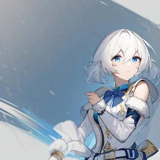 Clear focus, High resolution, rough line sketch art, short fluffy white hair, hair between eyes, fluffy hair, blue eyes, wearing a sleeveless shirt, wearing shorts, detailed outfit, lots of details, bow on belt, white belt, white and blue everywhere on outfit, cut sleeve, yellow chains around outfit