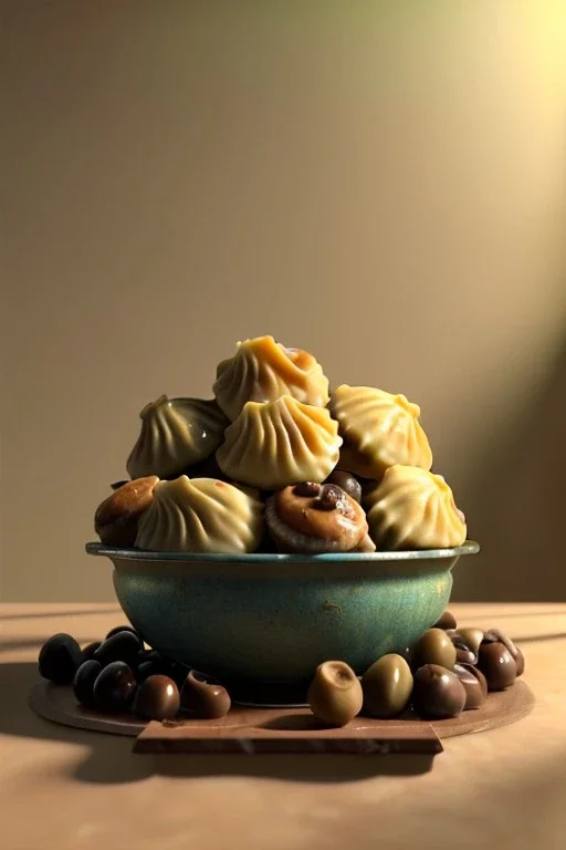 renaissance style still life composite, dish of Raviolis with chocolate, hazelnuts, albahaca, olives, olive oil. moisture, art, natural, ornaments, ceramic, marble, high kitchen, smooth, god rays, unreal engine 5, ray tracing, RTX, lumen lighting, ultra detail, volumetric lighting, 3d.