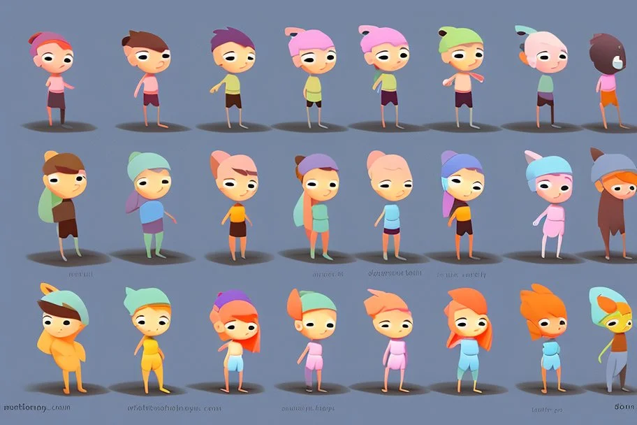 make a bunch of simple cute cartoon characters with bodies arms, and legs I could draw and make them all different