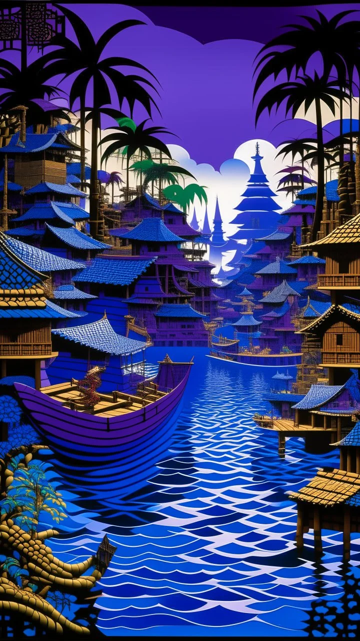 A violet Japanese village with watery springs and a pirate ship designed in ancient Egyptian architectures and sculptures painted by Victor Vasarely