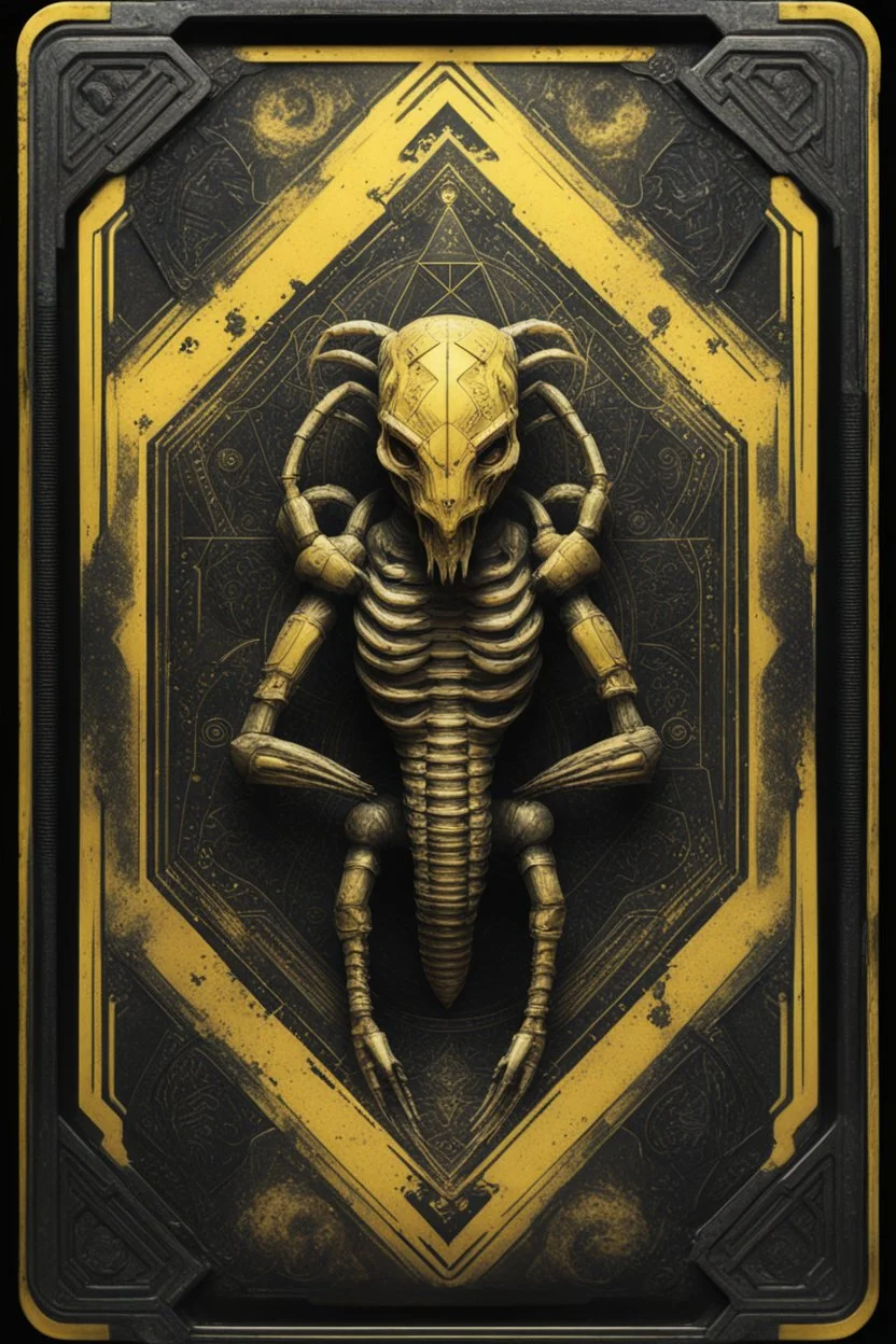 sacred geometry framed playing card, black and yellow scorpion werewolf slayer boss card in the style of Giger and fallout 4 ,,bokeh like f/0.8, tilt-shift lens 8k, high detail, smooth render, down-light, unreal engine