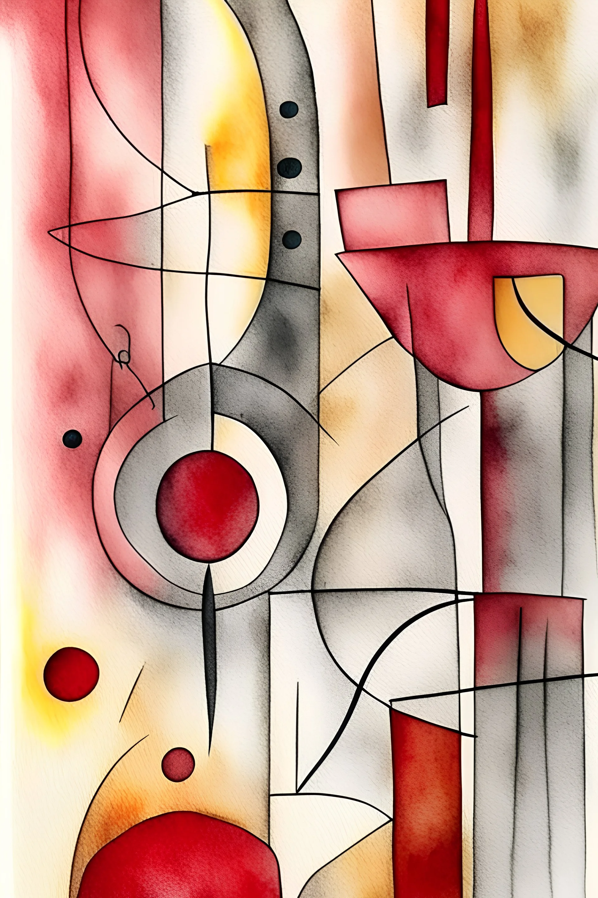 Abstract watercolour in the style of Paul Klee and Barbara Hepworth in red,grey and gold on watercolour background