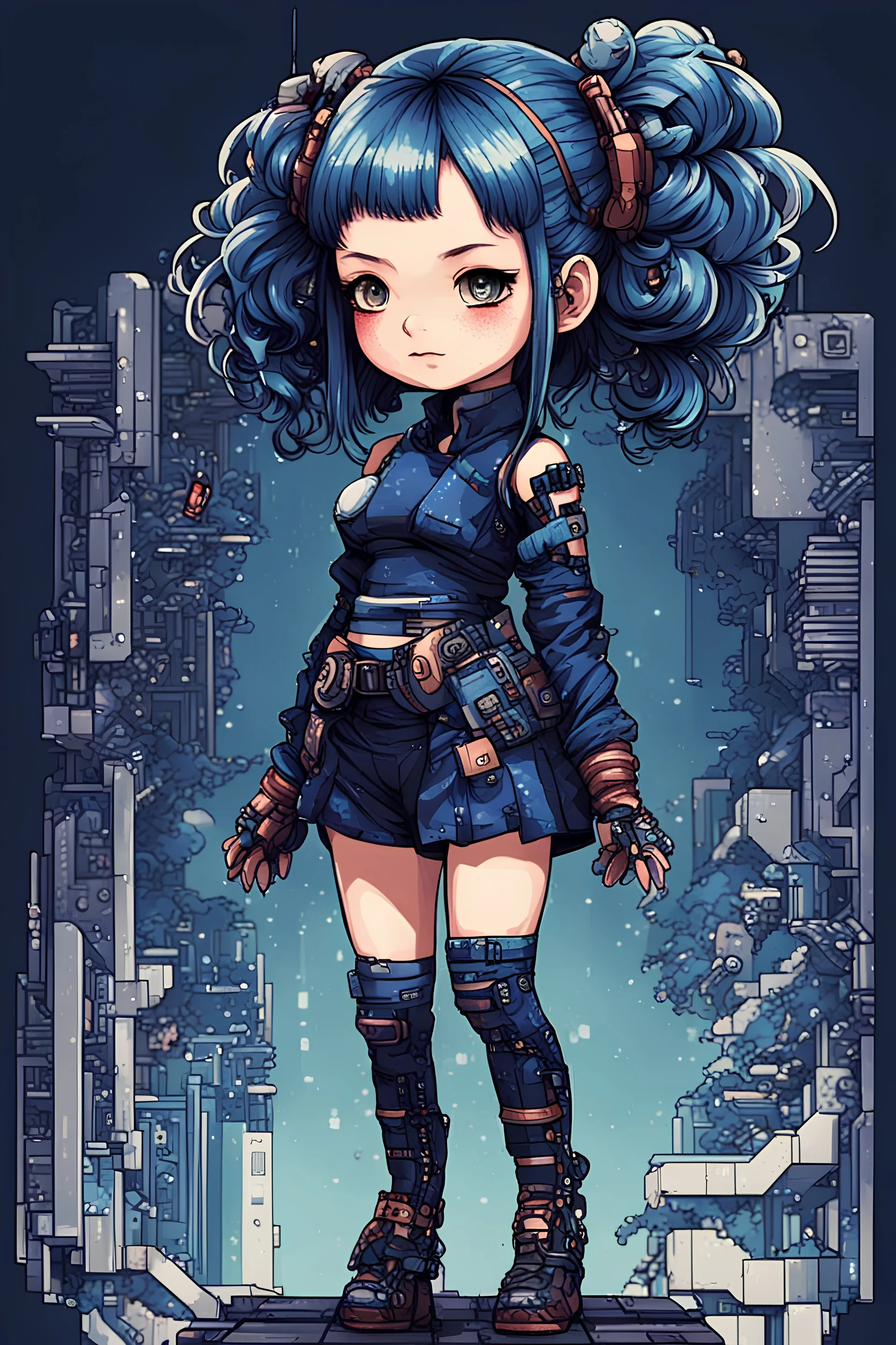 Beautiful cyberpunk petit girl,Full body, behind made 8bits and Pixel Art, hyperdetailed, illustration by Katsushika Hokusai, darkblue tones,