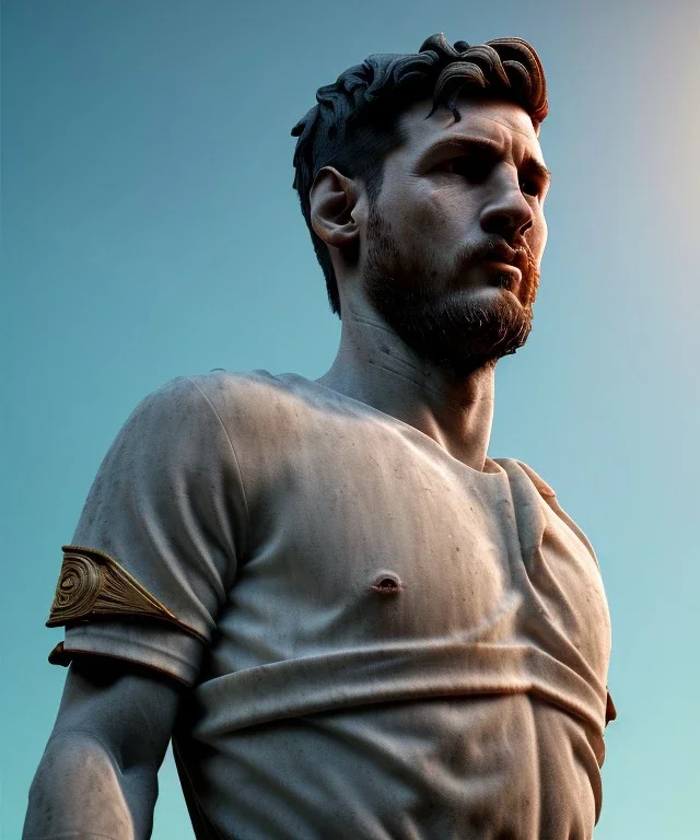 Gran angular, Realistic image, roman sculpture, marble material, Lionel Messi, Laurel wreath model, miguel angel style, emperador, God light, god rays, 4k resolution, ornate details, soft lighting, unreal engine 5, soft cyan background.