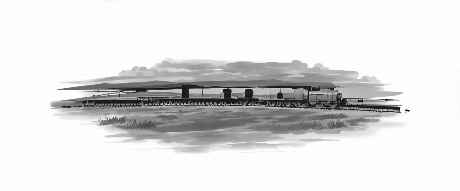 sideview of old western railway track, overcast sky, fields in background, illustration from photo reference, add detail and realism