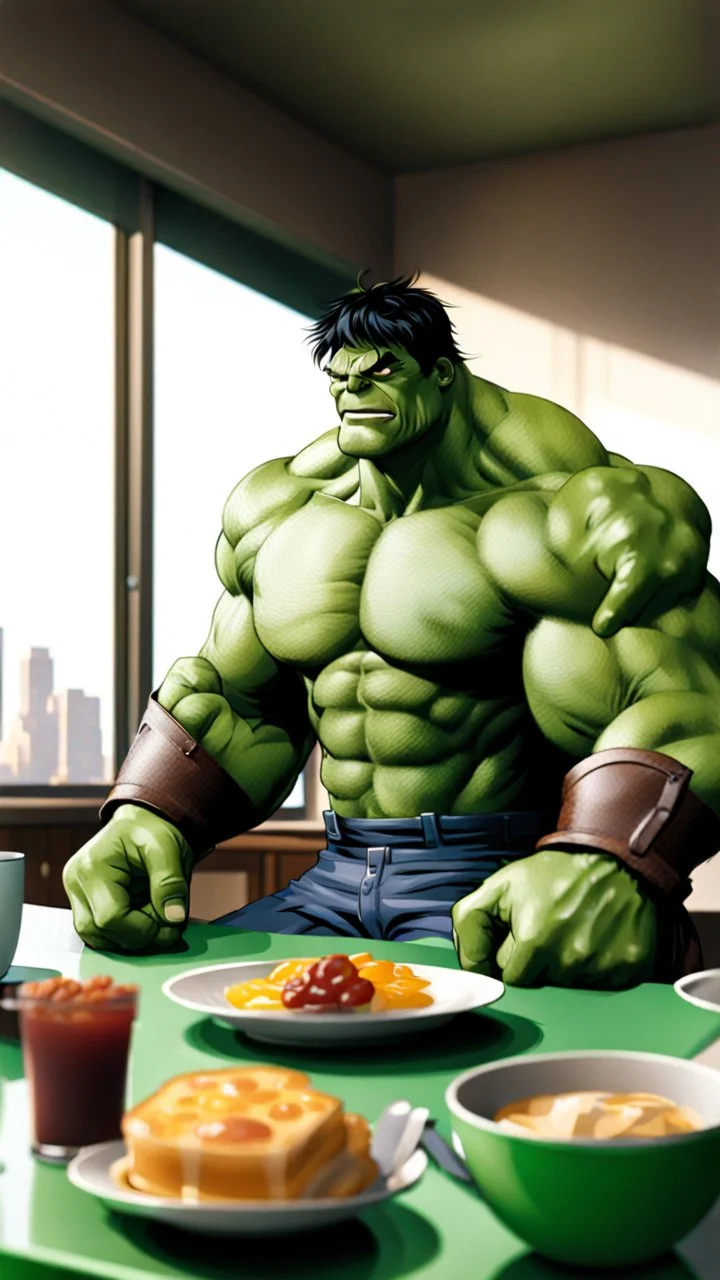 Hulk is sitting at a table with a big breakfast